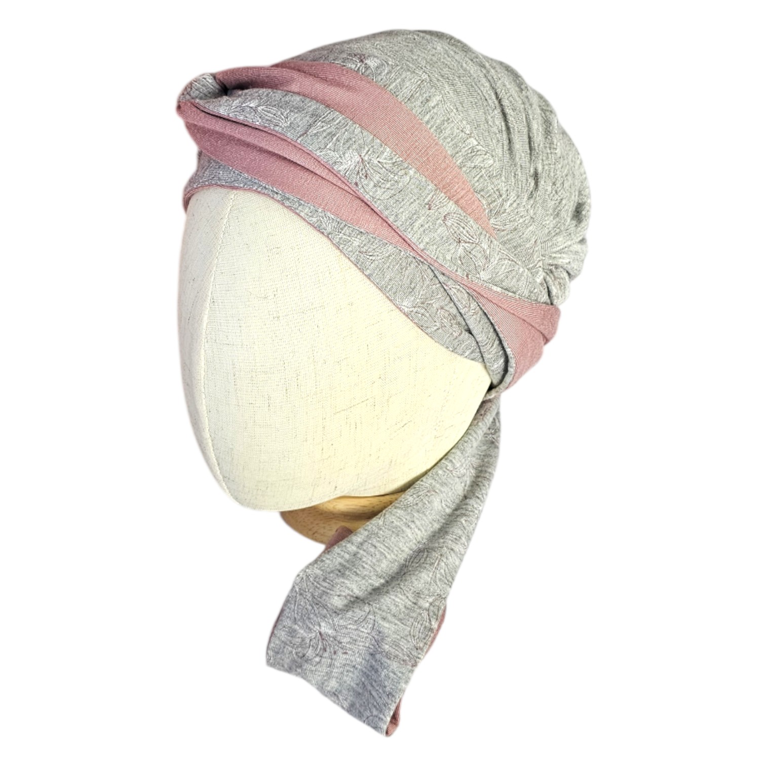 turbante gris vestidor y elegante para quimioterapia